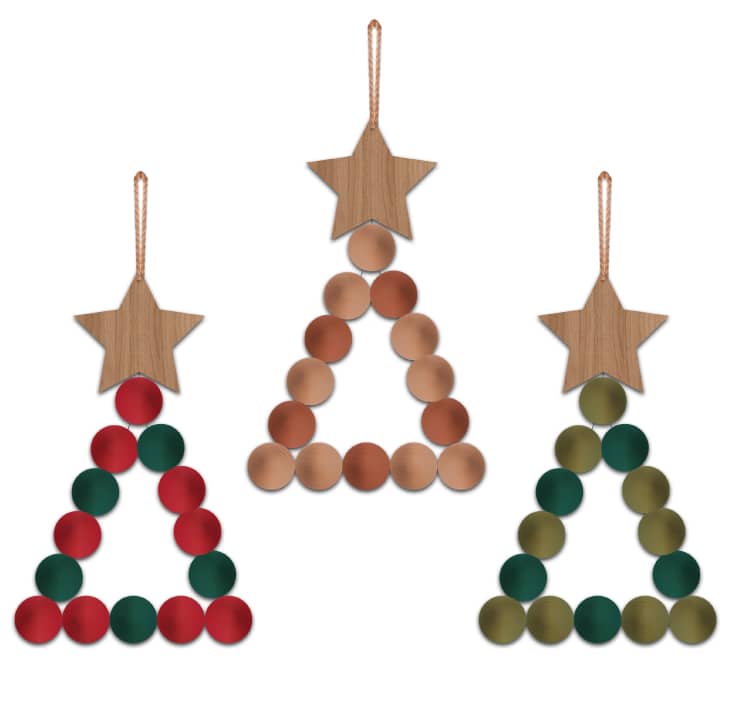 Ornaments in the shape of trees with round wooden beads, topped with a wooden star