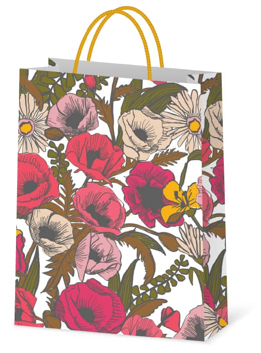 Paper bag with pink, yellow and cream floral pattern.