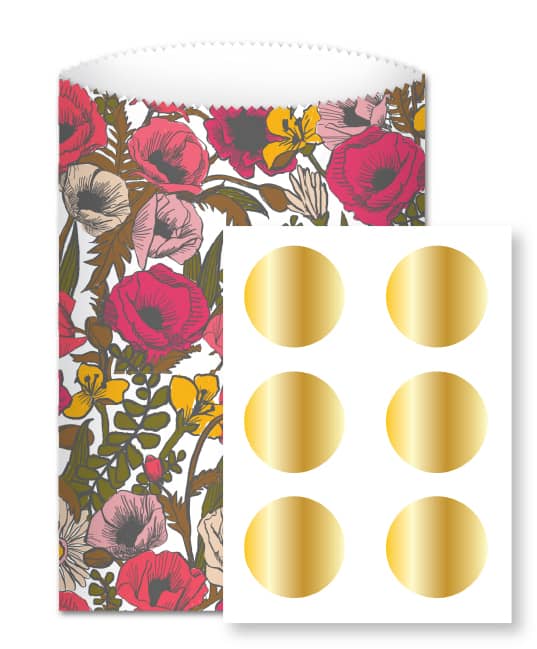 Paper sleeve with pink, yellow and cream floral pattern. Gold stickers