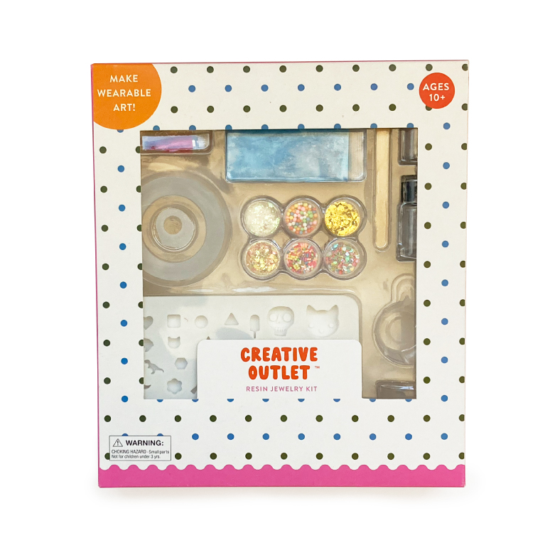 Kit with resin, glitter, mixing tools and more to make resin jewelry. Ages 10+