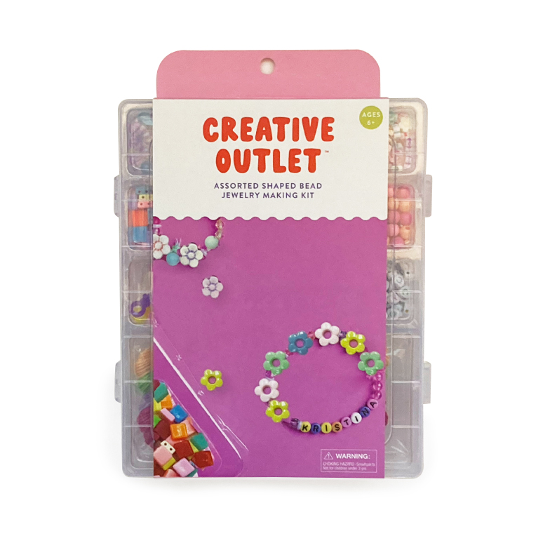 Jewelry making kit with assorted beads in different shapes, like flowers. Ages 6+