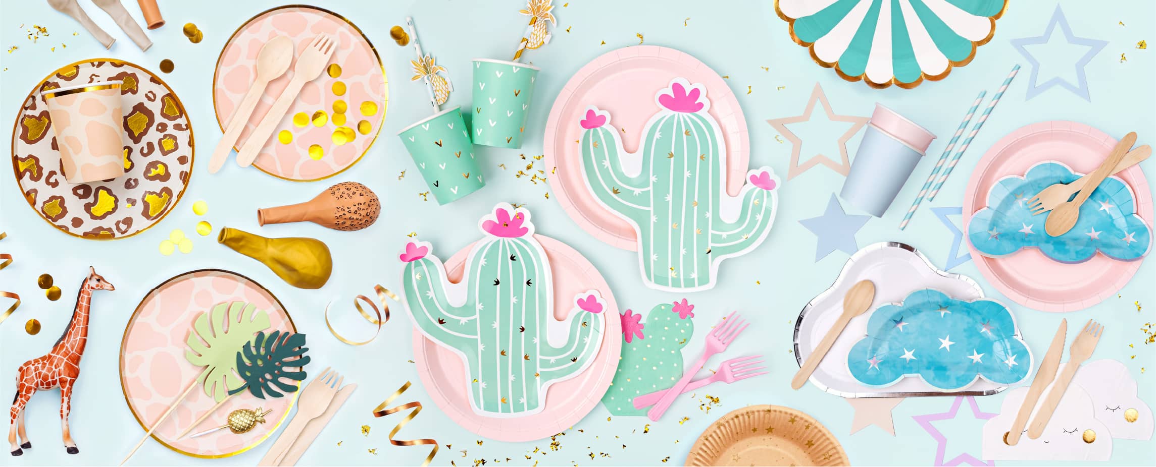 Paper party supplies featuring cactus- and cloud-shaped plates, animal print plates, silverware, balloons and more!