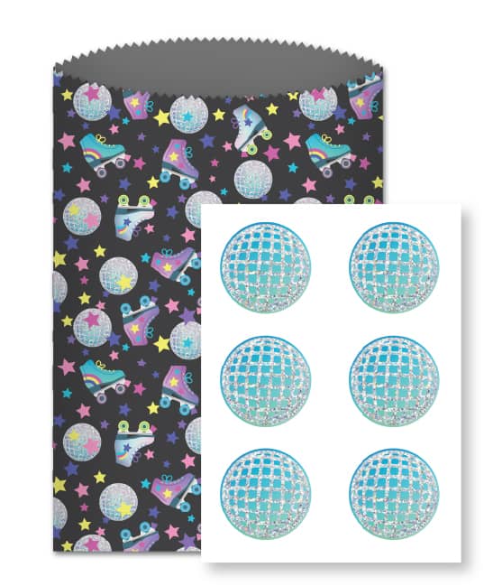 Paper sleeve with roller skates and disco balls. Matching disco ball stickers
