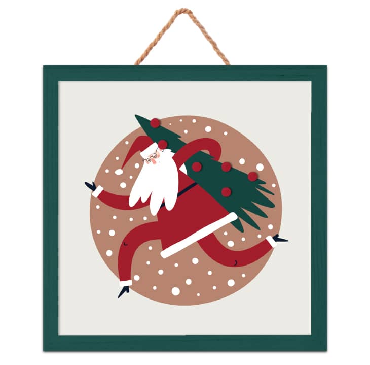 Artwork featuring Santa dashing through snow with a tree