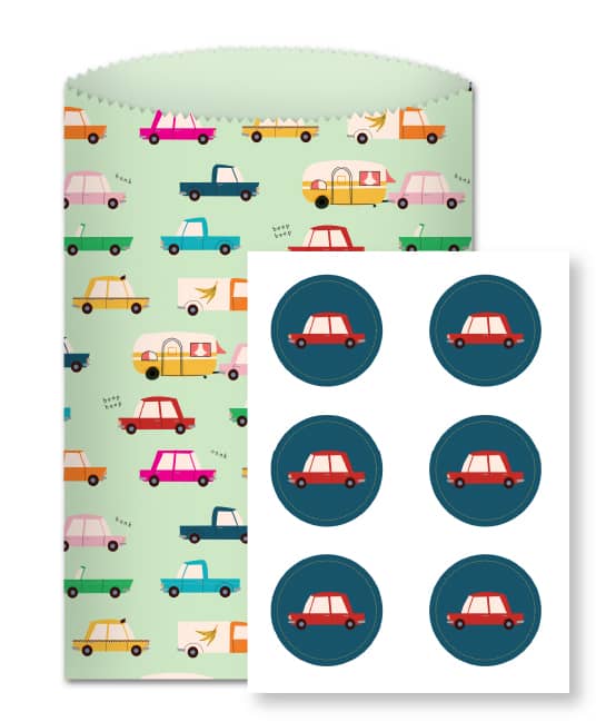 Paper sleeve with various illustrated cars. Matching car stickers